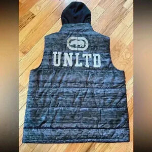 Ecko Unltd Hoodie Puffer Vest Mens Size XXL Zip Closure Pocket Gray Camo Print